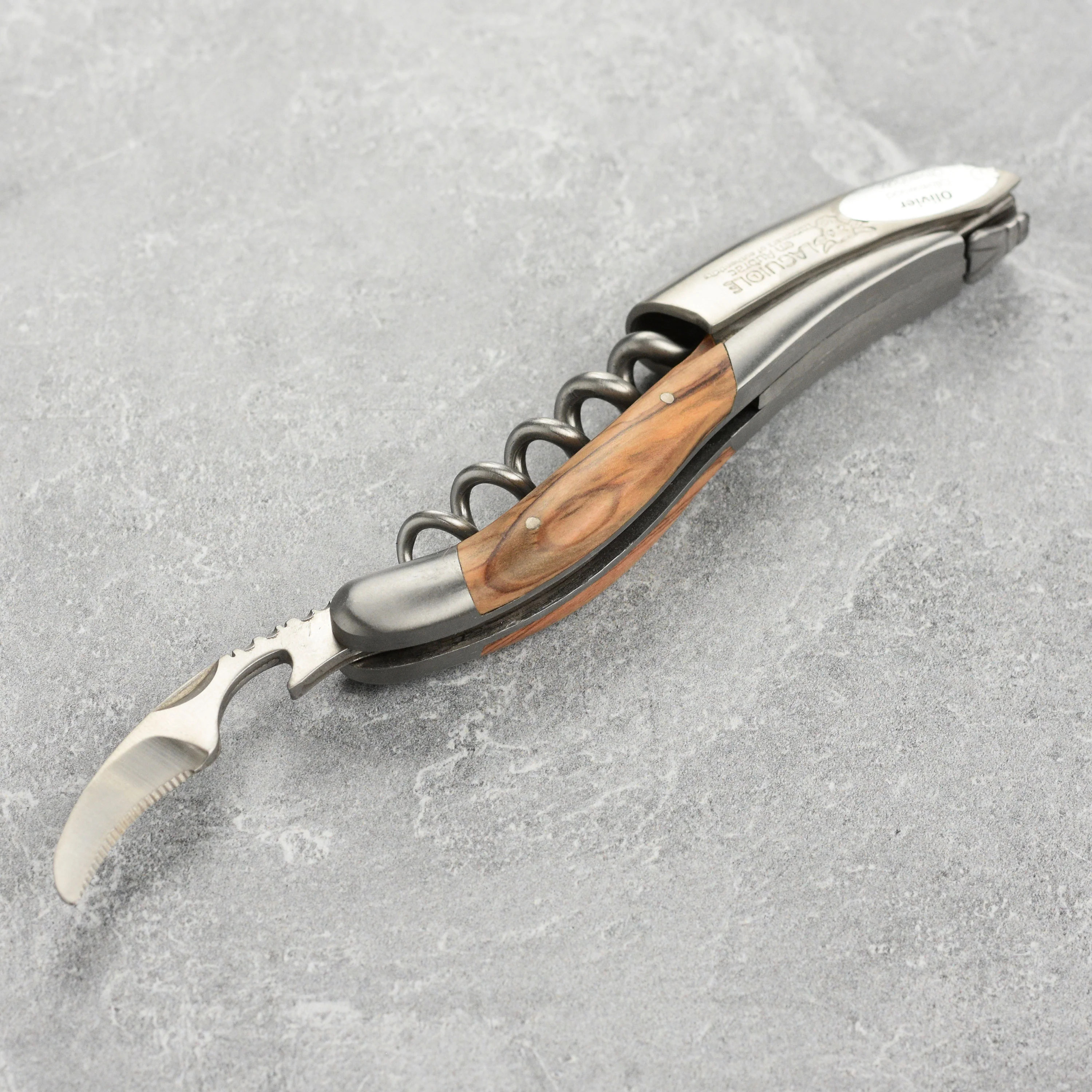 Laguiole en Aubrac Sommelier Stainless Steel Corkscrew with Olive Wood Handle - Image 3