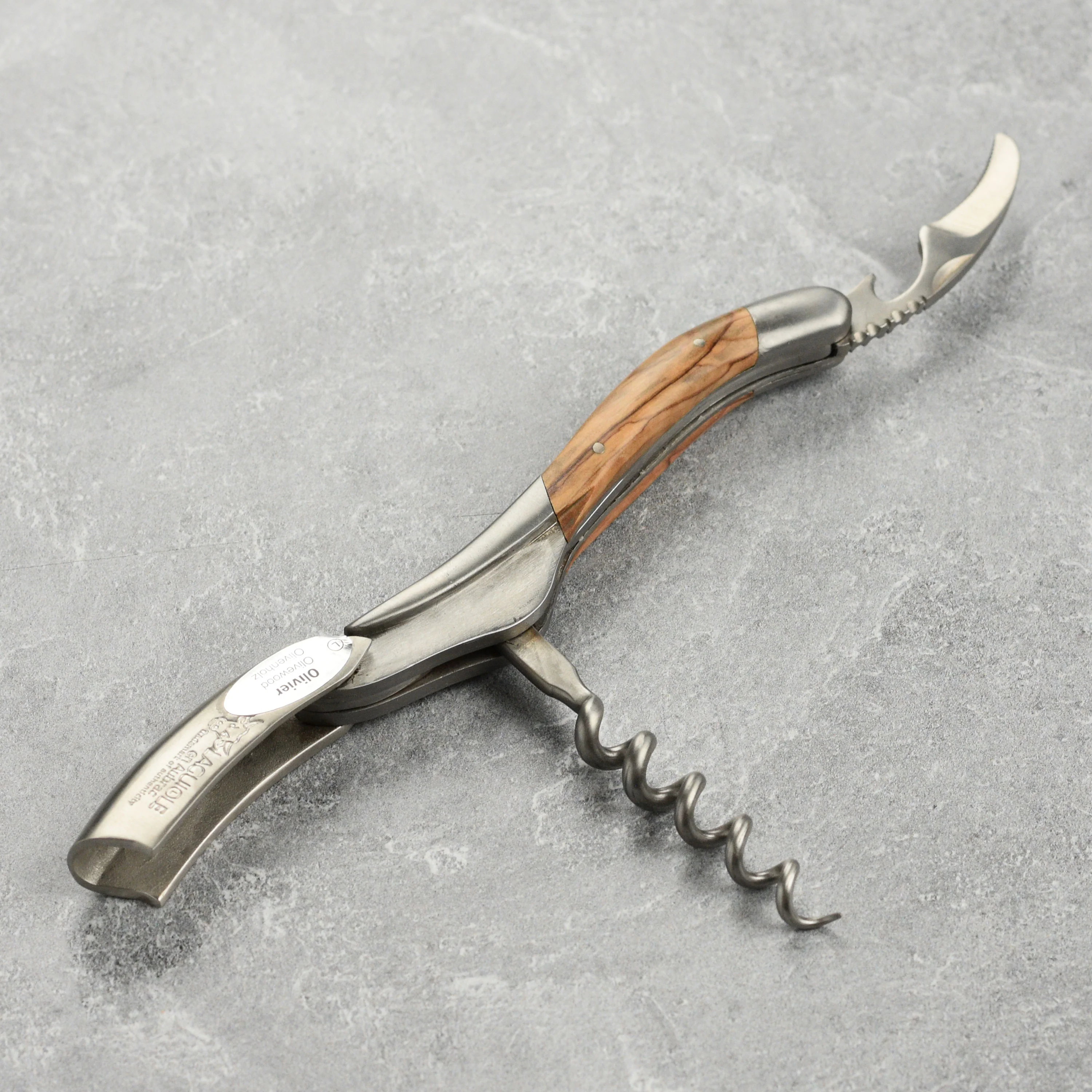 Laguiole en Aubrac Sommelier Stainless Steel Corkscrew with Olive Wood Handle - Image 4